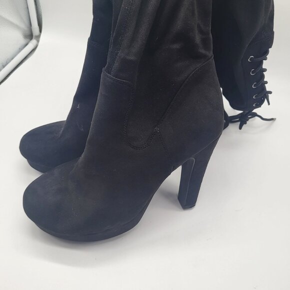 TORRID Womens 9 Wide Black Stretch Platform Over Knee Boot Faux Suede Goth Laces - Picture 12 of 14